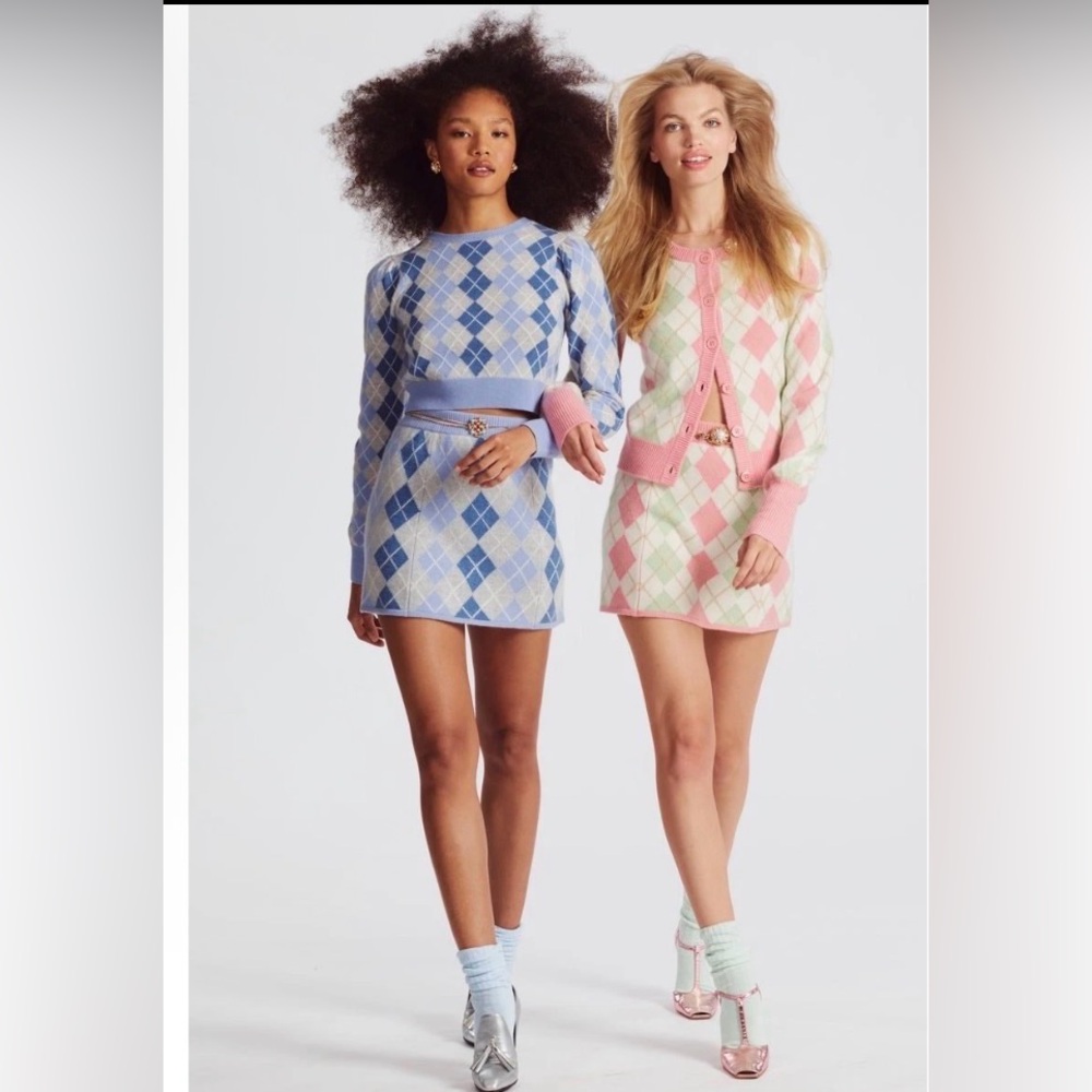 LoveShackFancy Glinda Sweater Marseille Mini Skirt Argyle Set S